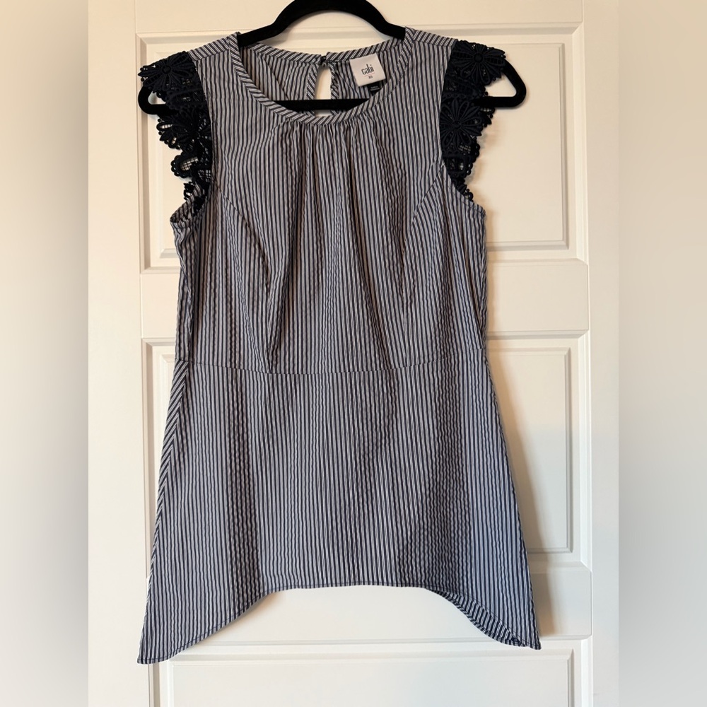 CAbi Navy and White Striped Blouse with Lace Cap Sleeve